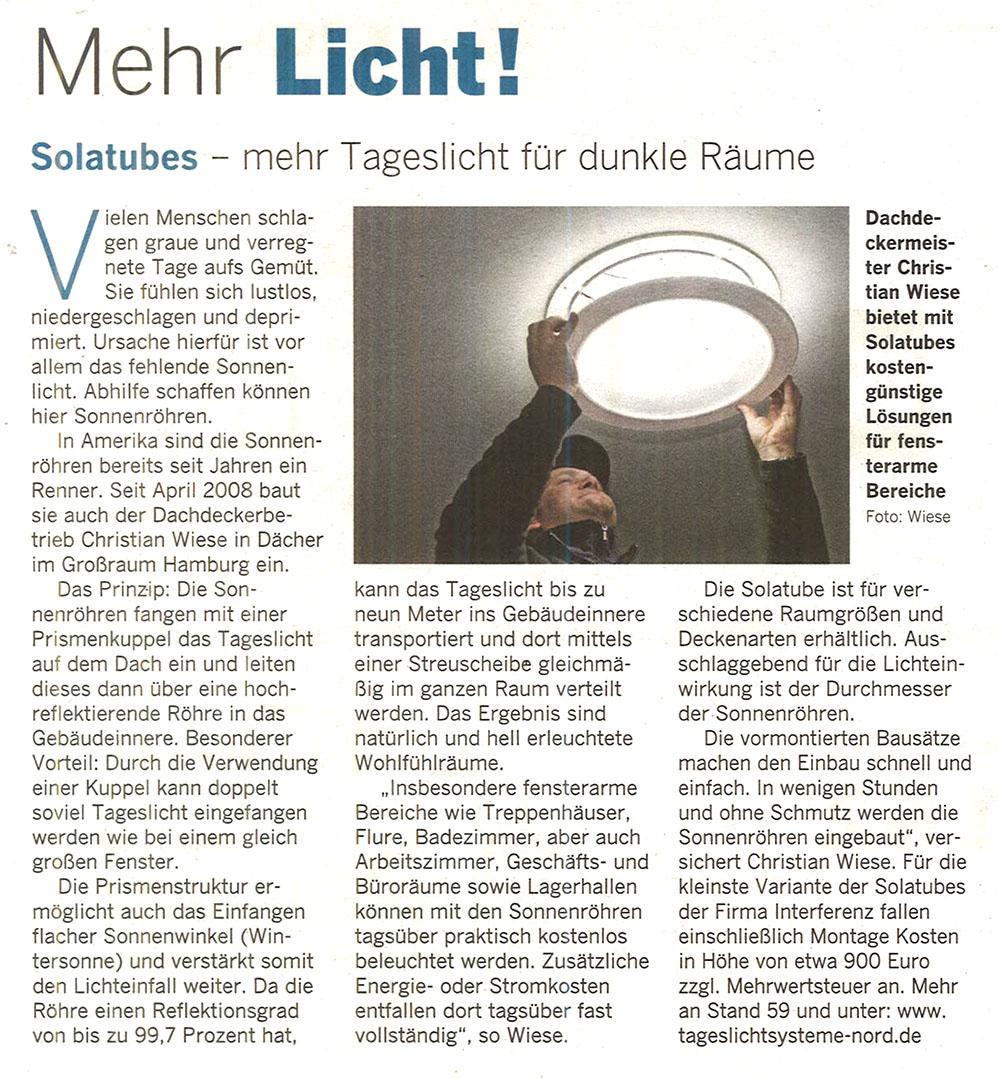 Presseartikel/Anzeige Solatube - Hamburger Abendblatt