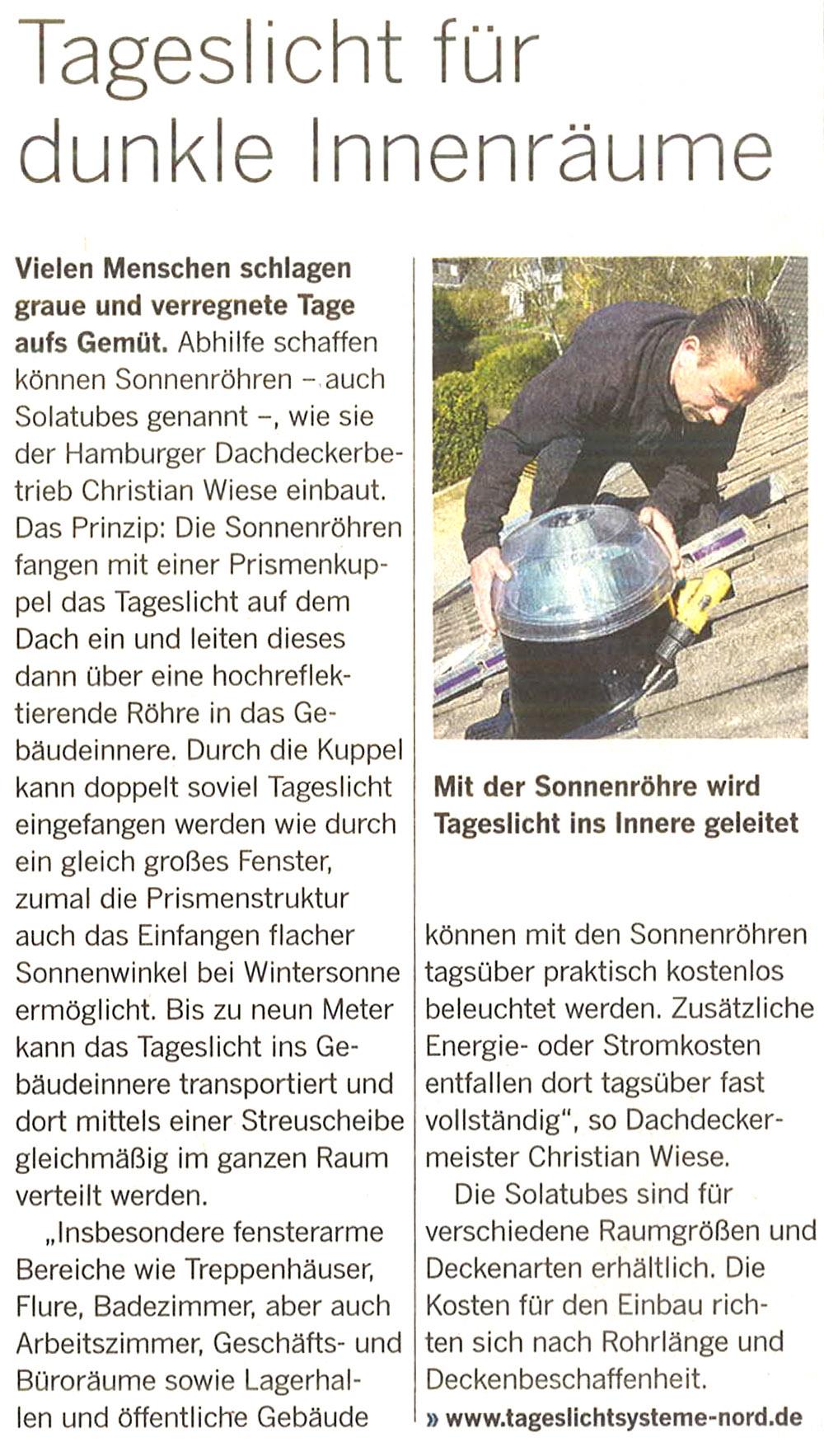 Presseartikel/Anzeige Solatube - Die Welt Hamburg